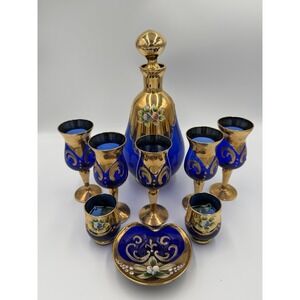 Vintage Venetian Murano Cobalt Blue Gold Decanter Set Hand Painted 9pc Italy